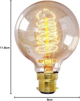 Vintage-style light bulb with spiral filament and measurements on a white background